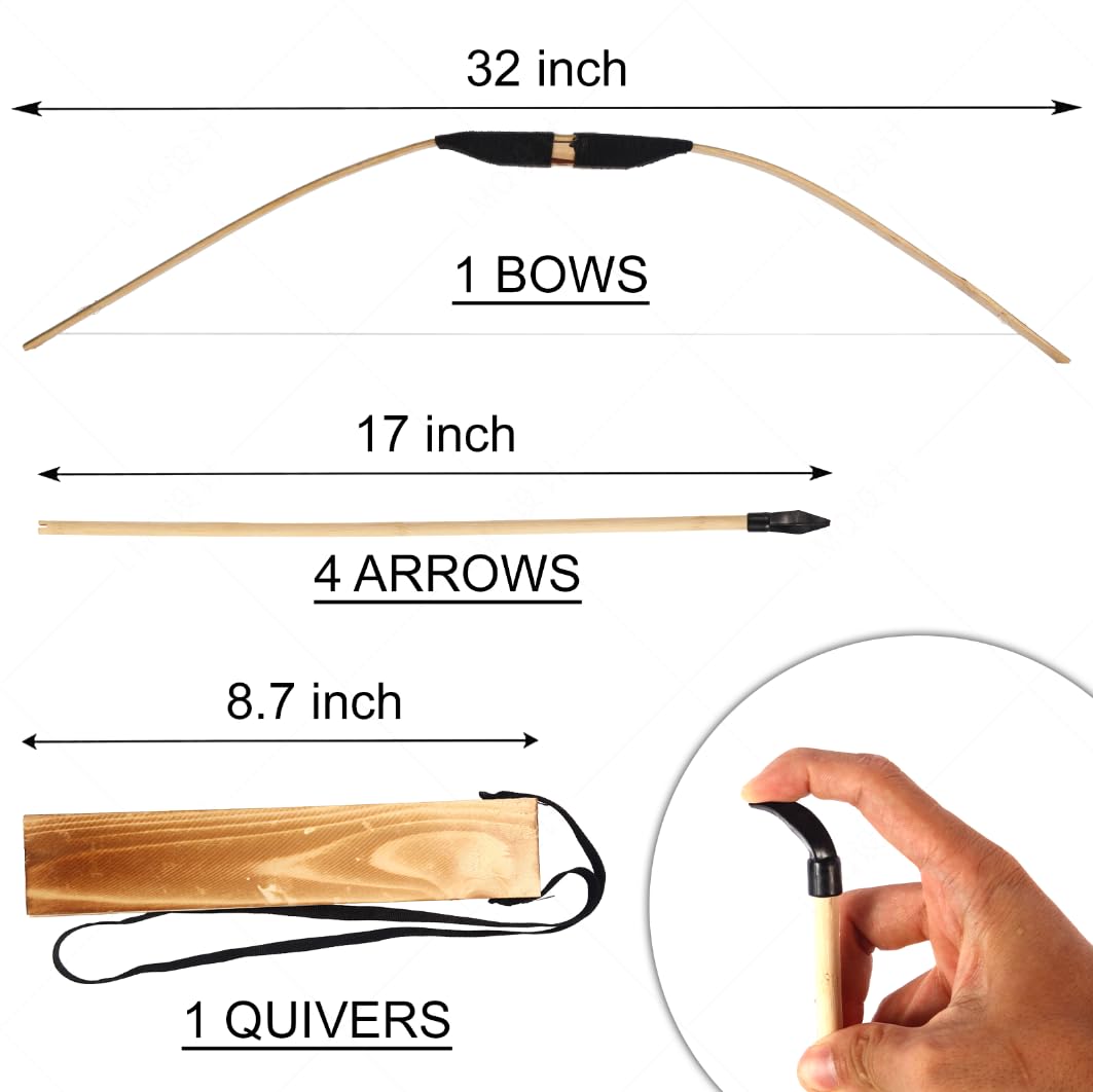 AHOSOUTLY Wooden Bow and Arrow Set for Kids, Handmade Archery Toy with 5 Safe Arrows & Quiver, Outdoor Indoor Role Play Props Games for Boys Girls Ages 4-18, Educational Birthday Gifts for Youth