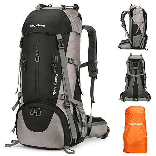 King'sGuard 70L Hiking Backpack with Rain Cover - Black, Lightweight Waterproof Large Capacity