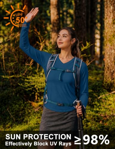 PINSPARK Long Sleeve UPF 50+ Running Top for Women, V-Neck, Dark Blue, Large