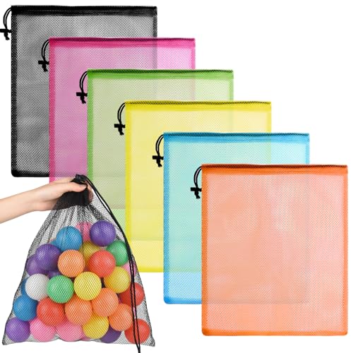 PLULON 6 Pcs Mesh Bag Drawstring Beach Bags, 18 x 12 Inch Nylon for