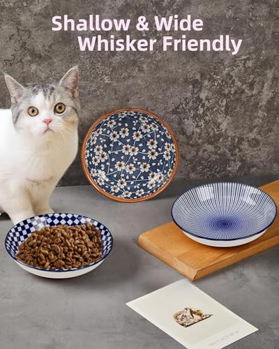 Blue Ceramic Cat Food Bowls Set of 3 - Whisker Friendly, Non-Slip, 8oz