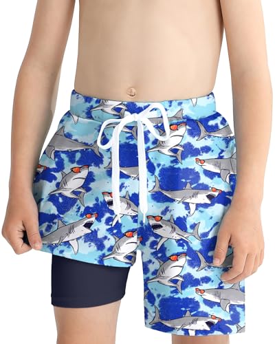 Boys Swim Trunks with Compression Liner - Blue Shark, 6-7 Years