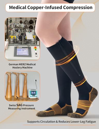 Large 2 Pairs Copper Compression Socks 20-30 mmHg Zipper Support for Circulation & Swelling