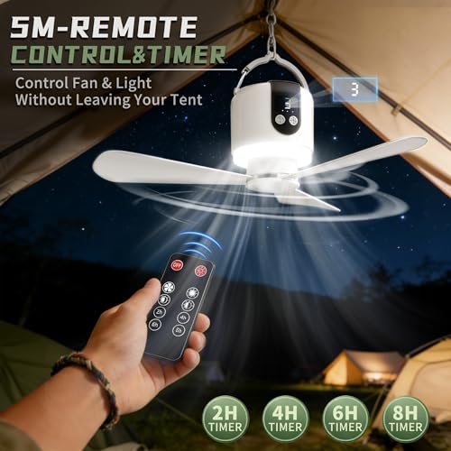Geonfi 18” Camping Ceiling Fan with Light & Remote, 15600mAh Battery, Hangable Tent Fan, White - 45.72cm