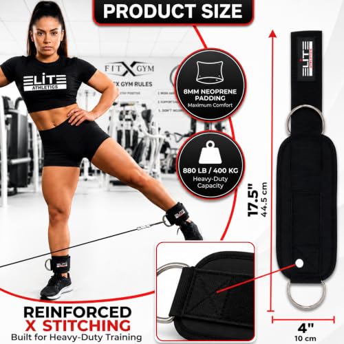 Padded Ankle Straps for Cable Machine - Pair, Neoprene Glute Cuffs - Black