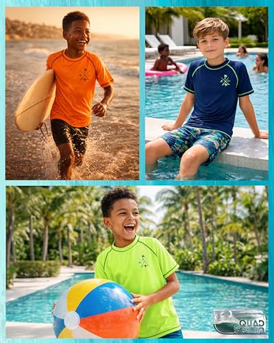 Boys Short Sleeve Rash Guard Swim Shirt - Sun Protection, Neon Lime (5-6)
