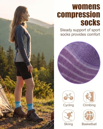 Women's Compression Ankle Crew Socks - Breathable Cushioned Socks, 6-9, Blue Purple Pink Yellow Green