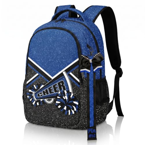QEUILO Blue Glitter Cheer Backpack with Bow Keychain for Women