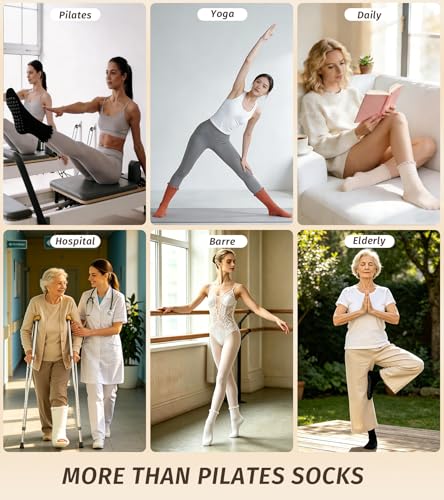 Non-Slip Pilates Socks for Women - 4 Pairs with Ruffles - Black, Brown, Caramel, White