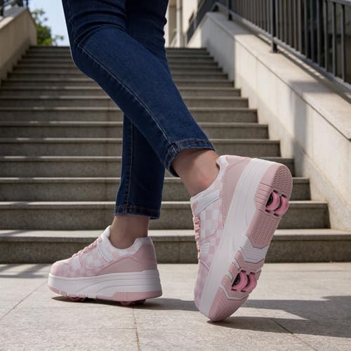 Kids Pink & White Detachable 2-Wheel Roller Skate Shoes - ANEFUN, Beginner Friendly, Girls & Boys, Size 1
