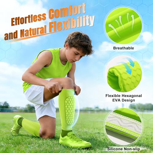 XZQTIVE Fluorescent Green X-Large Kids & Adult Soccer Shin Guards with Honeycomb Impact Padding