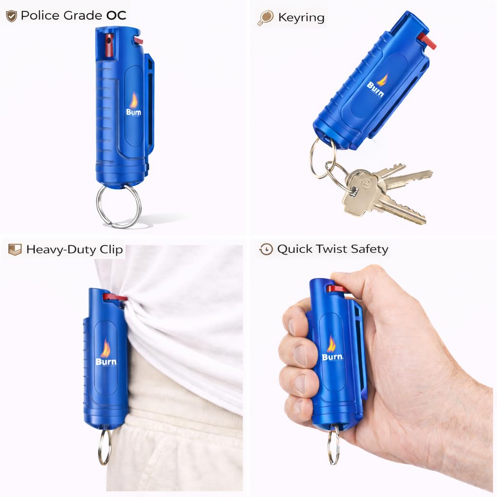 Burn Pepper Spray Keychain for Self Defense, 1/2oz Compact OC Spray for Women & Men, Police Grade with UV Dye, 16 Ft Range, Twist Top Safety Lock, Belt Clip, Pocket Personal Safety, Blue