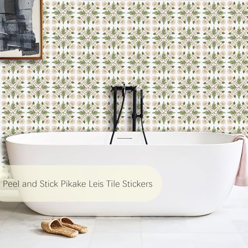 AMAZINGWALL Home Kitchen Backsplash Tile Squares Maile Leaf & Pikake Lei Peel and Stick Waterproof Bathroom Countertop Self Adhesive Decoration Mural Wall Sticker 4x4/pcs 24PCS