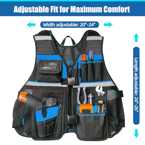Tool Vest, Electrician Tool Vest with Drill Holster, 17 Compartments, Reflective Workwear with Tool Pockets, Adjustable Waist & Upgraded Comfortable Neck Opening (Blue)