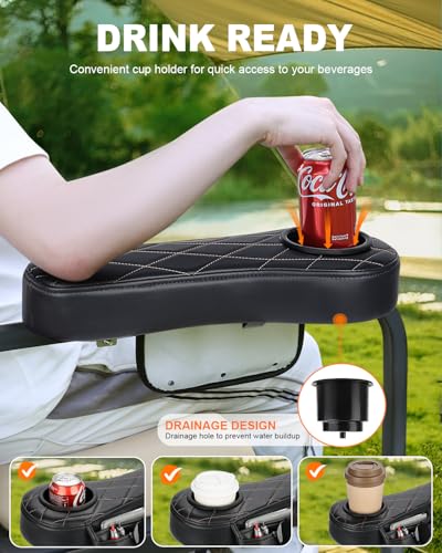 Brown Stitching Golf Cart Armrest with Cup Holder & Rear Seat Organizer, No Drilling, Fits 1-Inch Frame
