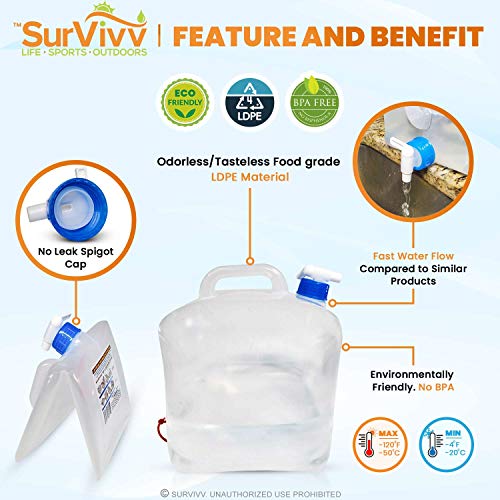 SurVivv 5.3Gal/20L Collapsible Water Container with Spigot 2-Pack BPA Free Food Safe