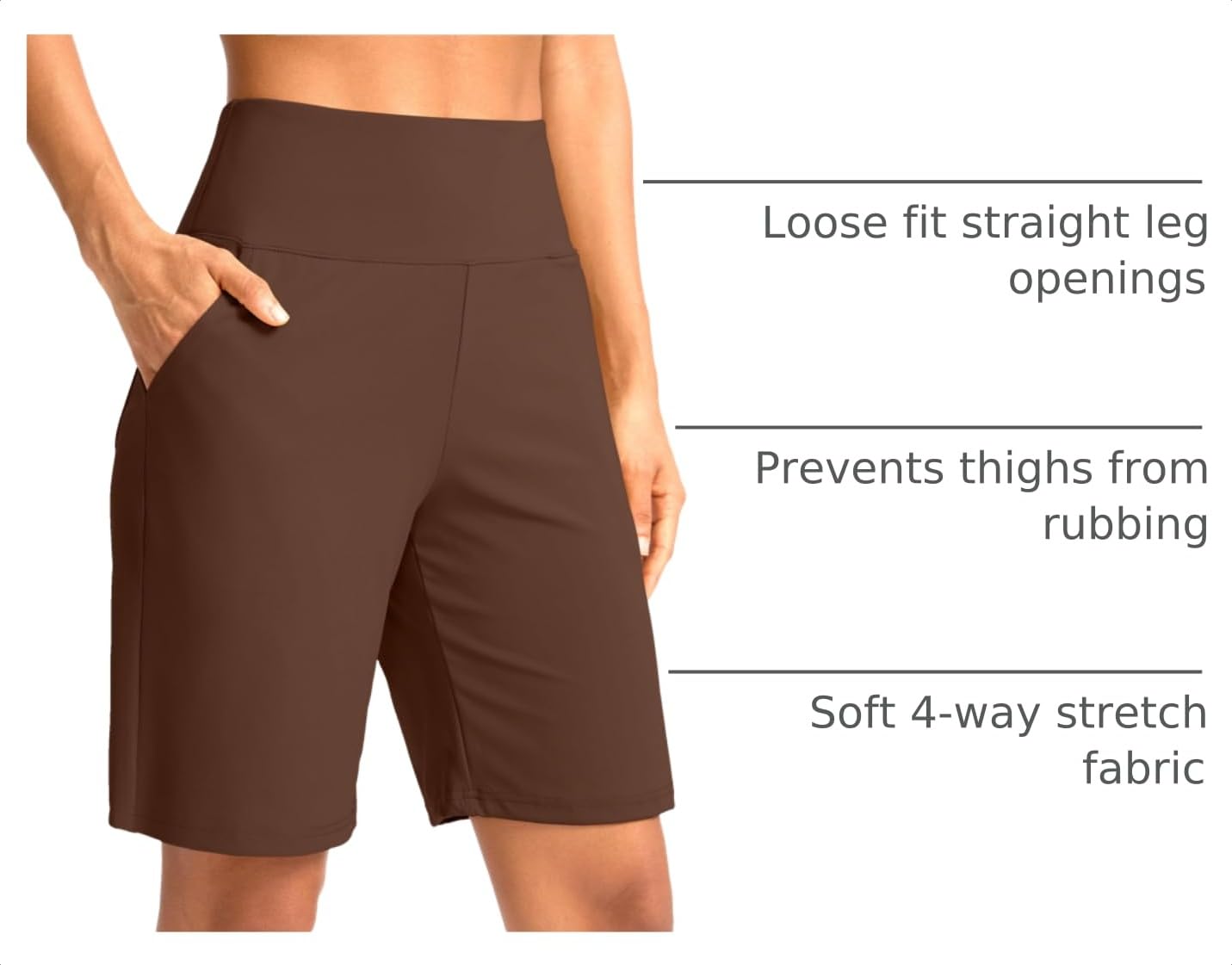 G Gradual Women's Bermuda Long Shorts with Pockets 9" High Waisted Knee Length Shorts for Women Walking Athletic Workout(Espresso,XL)