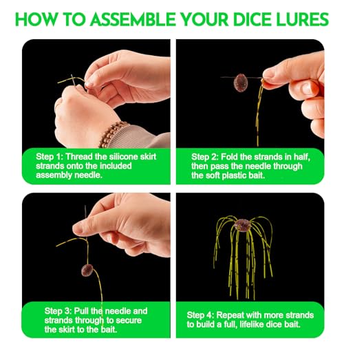 DIY Fishing Lure Kit - 30 Dice Baits, 5 Skirt Strands, 10 Weights