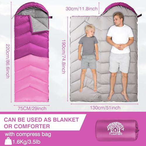 Flantree Purple 3-Season Waterproof Sleeping Bag for Adults & Kids, Lightweight & Compact