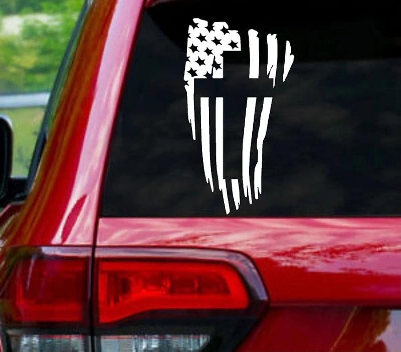 American Flag and Christian Cross Decal Sticker - 7 Inch White