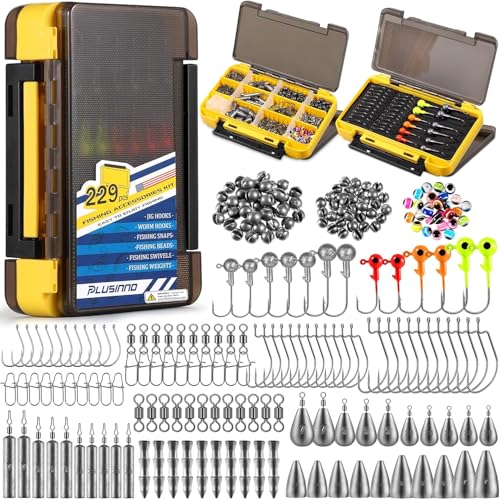PLUSINNO 229PCS Fishing Accessories Kit with Tackle Box - Complete Fishing Gear Set for Bass Trout & More
