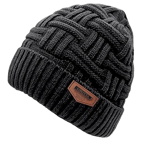 Loritta Thick Warm Slouchy Beanie Skull Caps for Men - One Size Black with Weave, 1 Pack