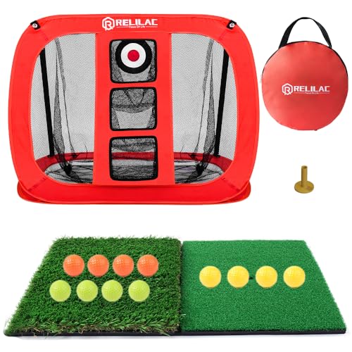 RELILAC Golf Practice Net Set with 1 Net, 2 Mat, 12 Foam Balls – Indoor/Outdoor Chipping Target for Golfers, Gifts for Men, Women, Kids, Dad, Husband
