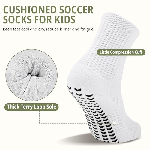 Kids Grip Soccer Socks - Cushioned Non-Slip Athletic - 2 Pairs Black+White