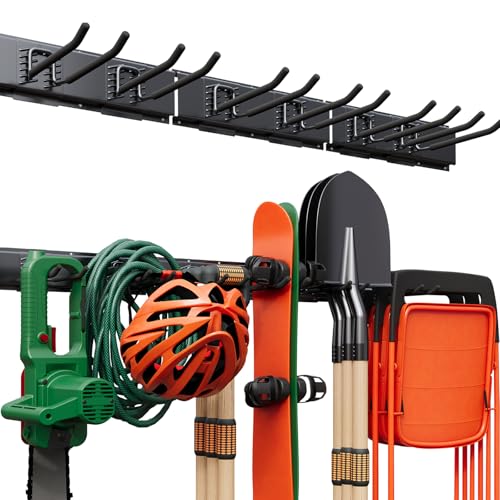 Garage Tool Organizer Wall Mount 48", Garage Wall Organizer 400 lbs, Heavy Duty Garages Organizers and Storage with Adjustable Hooks, Garden Tool Storage Rack for Shovels, Hoses, Ladders