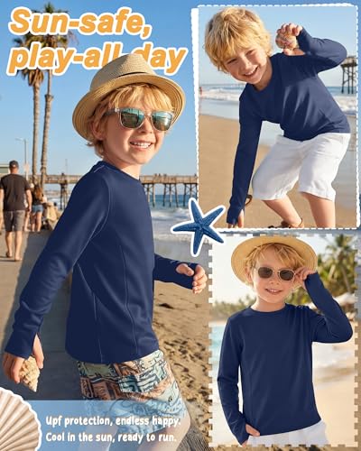 Boys Long Sleeve Rash Guard Swim Shirt - UV Protection - Navy, 5-6 Years