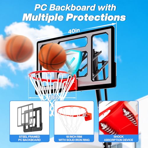 Portable Basketball Hoop with 40-Inch Impact Backboard - Adjustable Height 5.5-10FT - Black