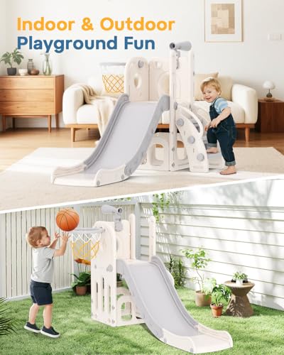 6-in-1 Toddler Slide Playset with Basketball Hoop & Telescope - White & Gray
