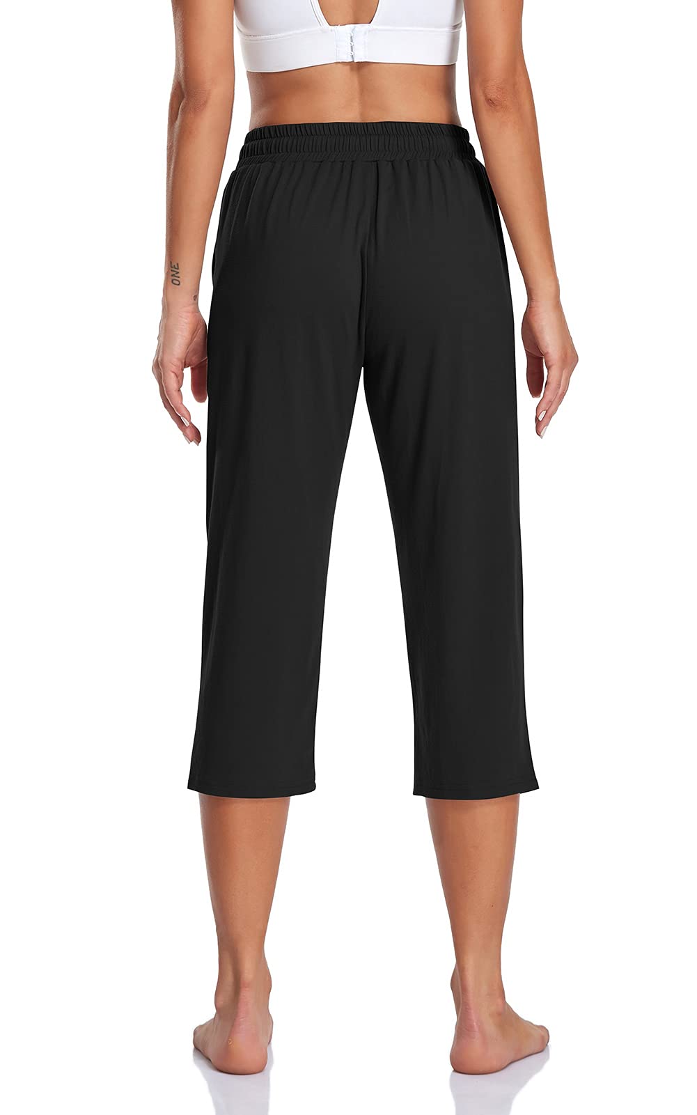 TARSE Womens Capri Pants Stretch Yoga Athletic Gym Capris Sweatpants Comfy Elastic Waist Work Crop Pants Pockets (Black,XL)