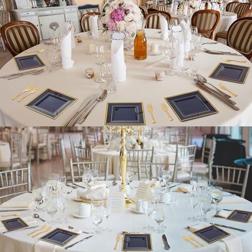 Blue and Gold 6-Inch Square Disposable Dessert Plates with Forks - 100 pcs - Wedding & Party