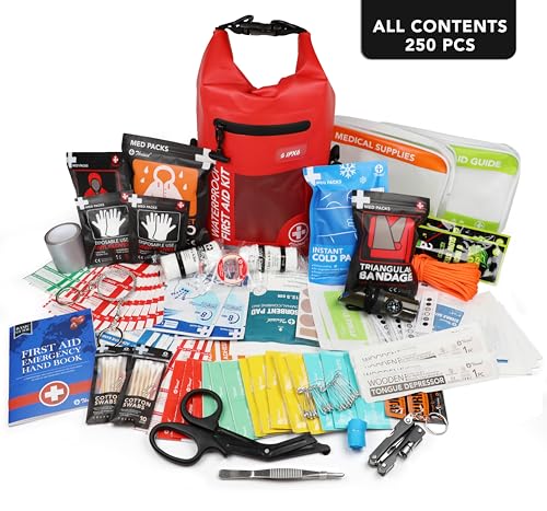 250 PCS Waterproof First Aid Kit - Red Roll Top Bag