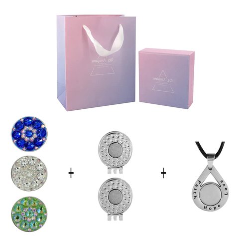 GOLTERS Golf Crystal Ball Marker Charm Necklace Pendant Hat Clip Gradient Color Gift Box Great Gift For Women Golfer (White/Dark Blue/Green necklace)