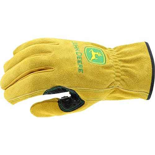 John Deere JD00004 Leather Gloves - Medium Size Split Cowhide Work Gloves with Shirred Elastic Wrist. Hand Protection Wear