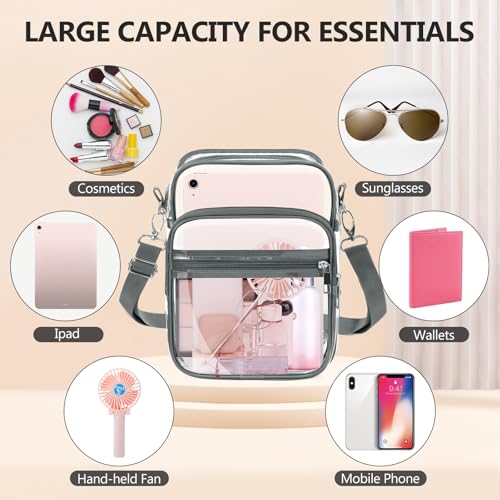 Blvornl X-Large Grey Clear Crossbody Bag with Adjustable Strap – Stadium Approved PVC Purse