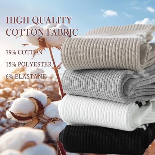 Striped Crew Socks - Long Cotton Athletic Casual Socks (2 White, 2 Beige, 2 Black, 2 Gray)
