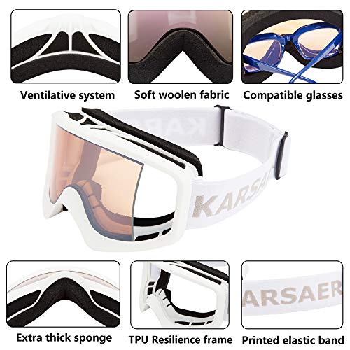 Karsaer Matte White Frame Orange Lens Ski Goggles OTG Anti-Fog UV Protection VLT 60%