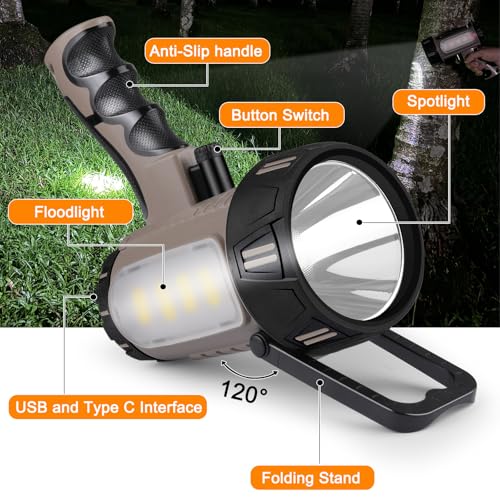 Rechargeable Spotlight Flashlight, Super Bright Waterproof Handheld Spot Light 6 Models with Foldable Stand for Outdoor Boating Camping Fishing Hunting
