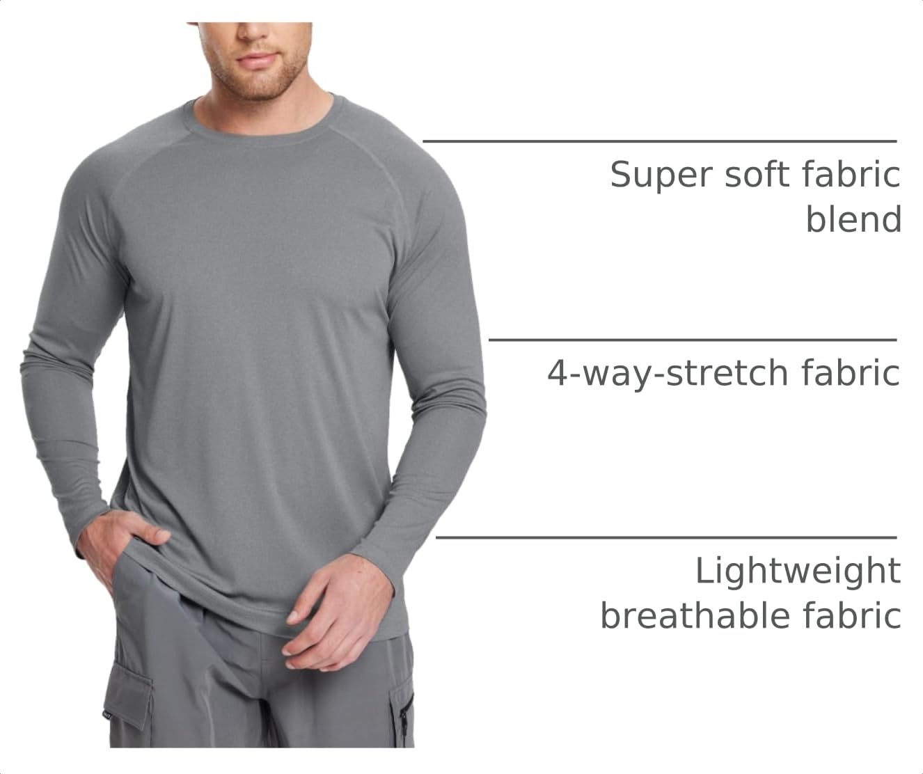 baleaf Men's Long Sleeve Running Shirts Workout Tops Quick Dry SPF Rash Guard Lightweight Hiking Sun Protection t Shirt Grey M