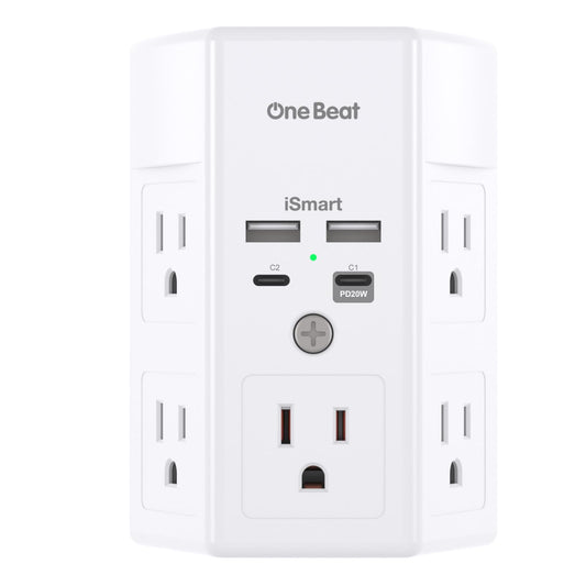 Multi Plug Outlet, Surge Protector, 5 Outlet Extender with 4 USB Ports (2 USB-C), PD 20W Wall Charger, 3-Sided 1800J Power Strip Outlets Splitter Wall Plug Adapter Spaced for Home Office, White