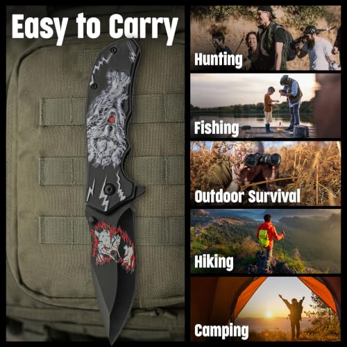 White/Black Wolf Decal Folding Knife - 8-Inch Liner Lock Pocket Knife for EDC, Gift