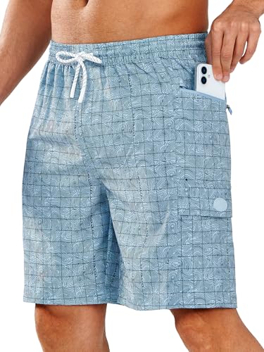 NORTHYARD 9 Inch Quick-Dry Mens Swim Trunks Blue Contourlines with Zipper Pocket (Large)