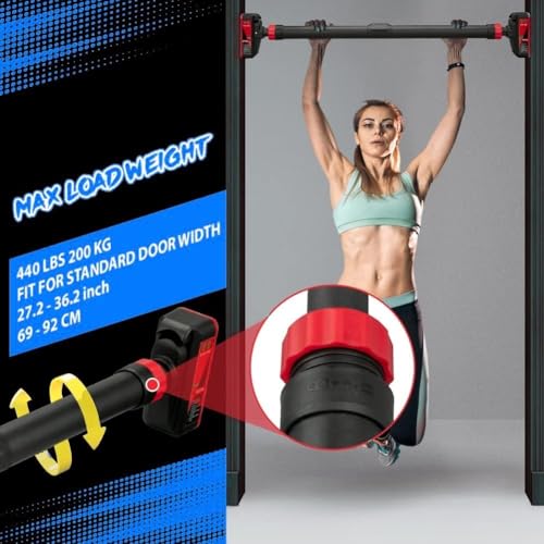 Adjustable Pull Up Bar for Doorway - 440 LBS Max Load, Red & Black