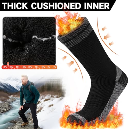 Thick Thermal Merino Wool Hiking Socks for Men - Black, 4 Pairs