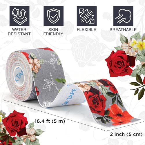 OK TAPE 2 Rolls Patterned Kinesiology Tape for Sports & Therapy - Rose