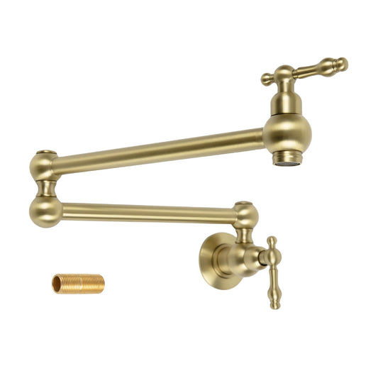 Allkorma 23" Brass Pot Filler Faucet Brushed Gold, Wall Mount Over Stove Water Faucet, Antique 2 Handles Folding Stretchable Pot Filler