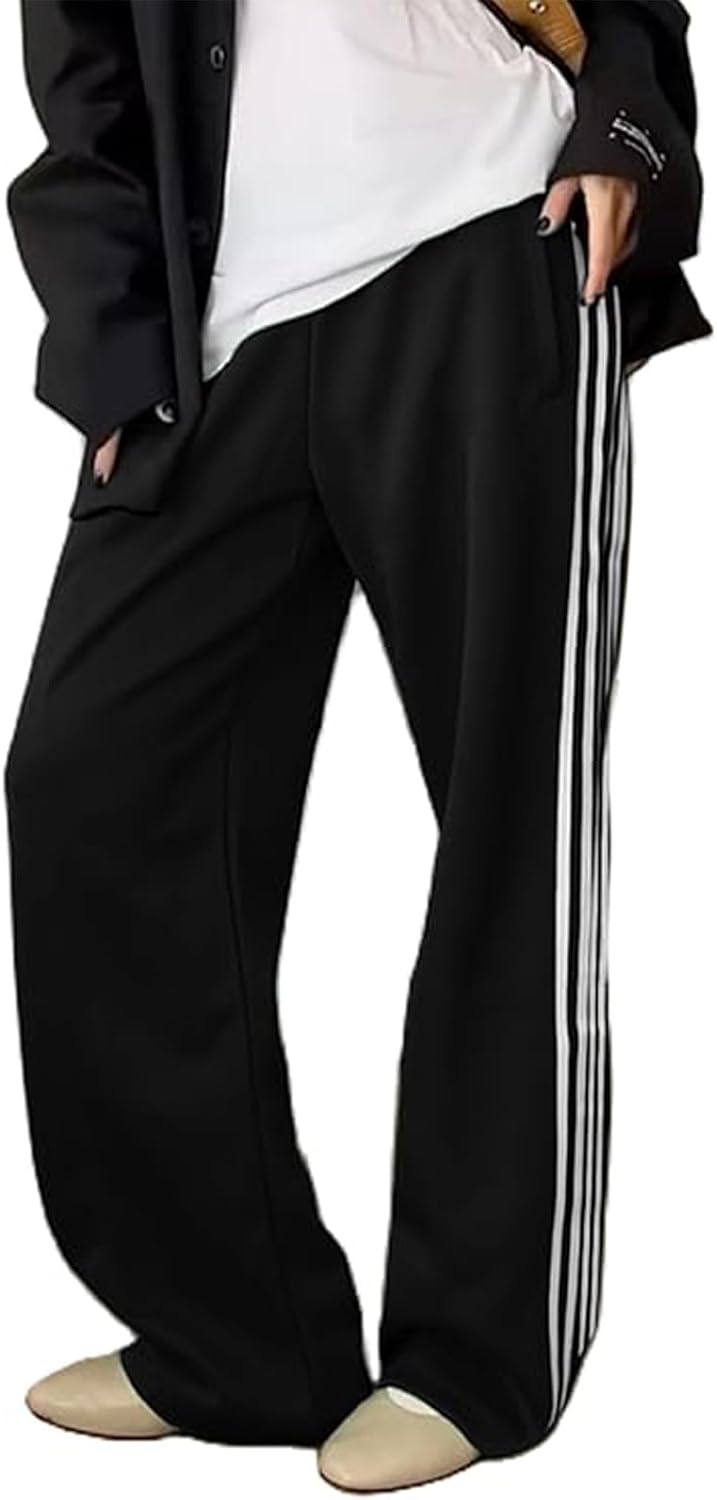 Skiennix Women's Wide Leg Track Pants - Striped Sweatpants with High Elastic Waist & Pockets